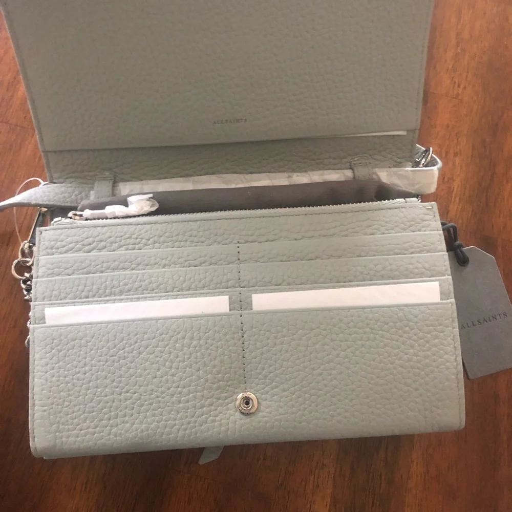 NWT $228 AllSaints FETCH LEATHER CHAIN WALLET CROSSBODY BAG in Sky Blue!